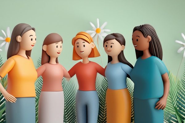 Firefly illustration 3d of five mothers, one asian, one white, one black talking to each other, toge