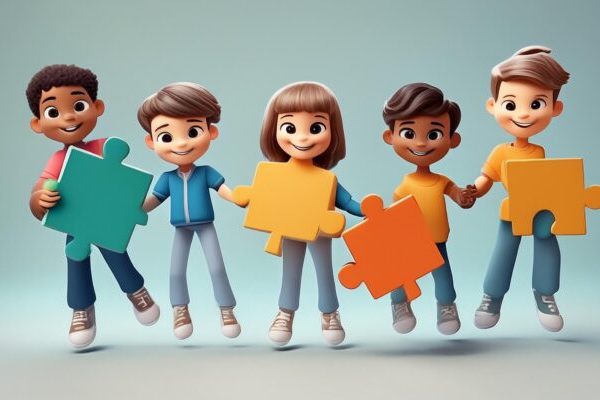 Firefly illustration 3d of kids holding hands, flying around and holding colourful puzzle pieces 121 (1)